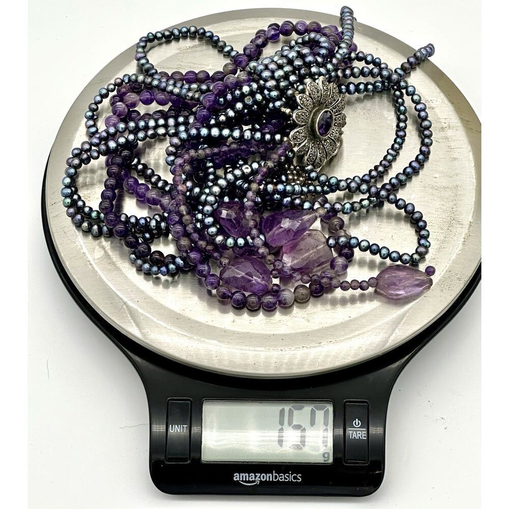 VTG Sterling Silver Natural Pearl Amethyst & Marcasite Statement Necklace Chunky - Picture 11 of 11